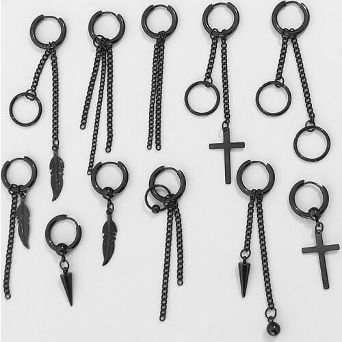 1PC Men Round circle Punk black earrings Stainless steel Geometric Leaf KPOP Tassel Earrings jewelry accessories earrings