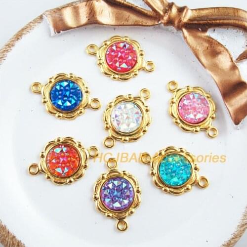 14 New Flower Charms Gold Plated Retro Mixed Round Resin Connectors 15x23mm