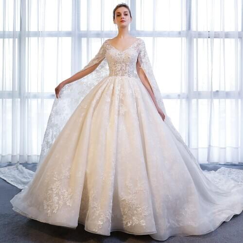 173 wedding dress 2020 sukienki na wesele damskie robe de mariee princesse de luxe v neck church düğün parti elbise with cape
