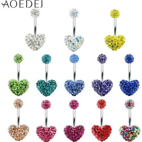 AOEDEJ 13 Pcs/Lot Heart Belly Piercing Stainless Steel Belly Button Rings Crystal Wholesale Real Piercing Ombligo