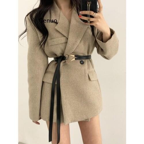Elegant Thick Loose Female Woolen Blazer Winter Belted Sashes Women Warm Suit Coats Double Button Ladies Jackets