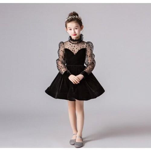 Caustom made see though lace full sleeve gown children girls party dress