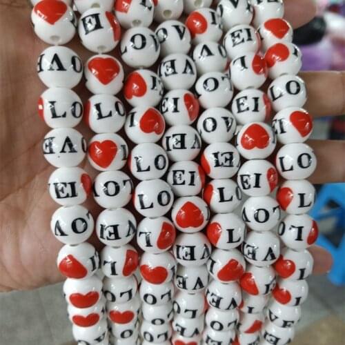 20pcs 12mm Red Heart I LOVE Round Ceramic Beads Fashion DIY White Loose Spacer Ceramics Bead For Jewelry Making Bracelet