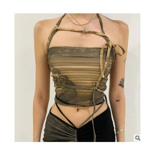 Womens Tank Tops Bandage Vest Lace Up Neck Hanging Thin Summer Slimming Dye Cropped Shirt Female Daily Sports Yoga Wear