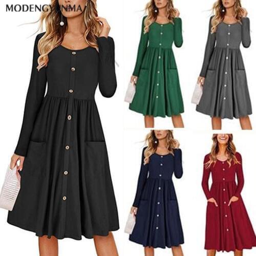 Fashion Autumn Women Dress Lady Long Sleeve pocket Dress Casual Round neck Women Dresses Solid color Loose Casual Party Clothes