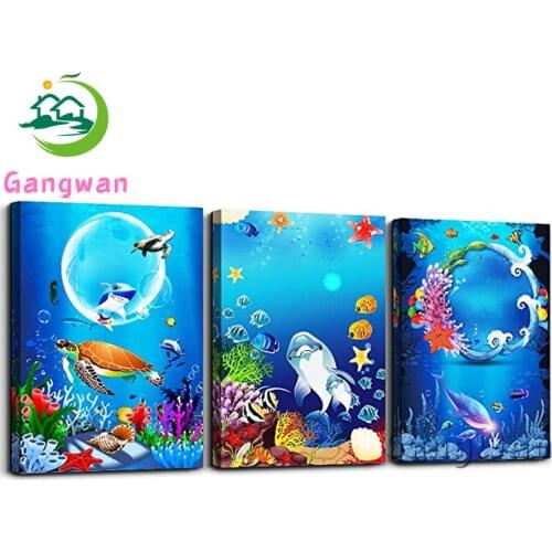 Blue sea animals 5D DIY Diamond Painting cartoon landscape Cross Stitch Kits Full Drill Embroidery Mosaic Art 3 pcs set Decor