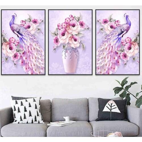 3 pieces Pink peacocks flower 5D diamond painting cross stitch full square round drill diy embroidery triptych home decor N971