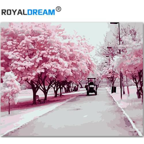 ROYALDREAM Cherry Blossom Landscape DIY Painting By Numbers Kit Paint On Canvas Painting Calligraphy For Home Decor
