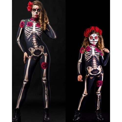 New Halloween Costume Jumpsuits Women Horror Rose Skull Parent-Child Matching Outfit Jumpsuit Lady Kids Slim Long Sleeve Rompers