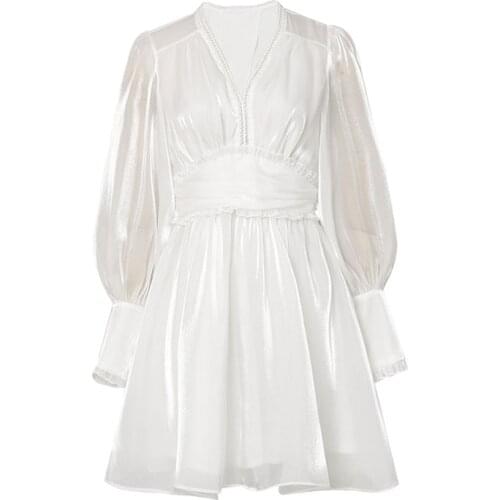 PERHAPS U V Neck Lantern Sleeve White Black Solid Satin Mini Dress Long Sleeve D2196