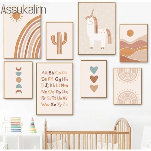 Alphabet Poster Nursery Wall Art Prints Sun Rainbow Posters Unicorn Print Boho Wall Pictures Baby Bedroom Decoration Paintings