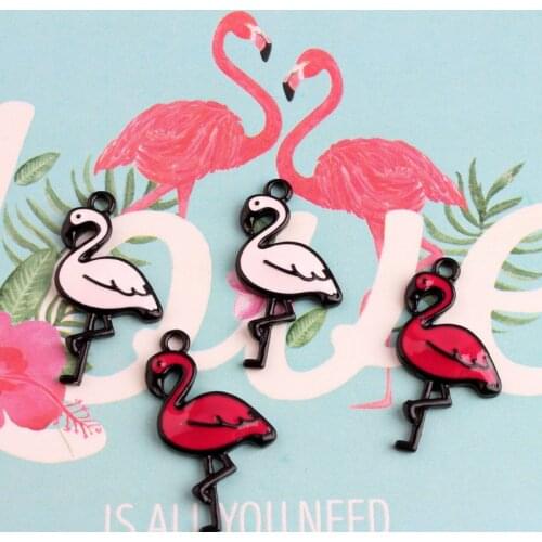 17*30mm Hot Pink & Black Enameled Flamingo Charm Tropical Vacation Bird Beach Jewelry Making Little Flamingo -Set of 10