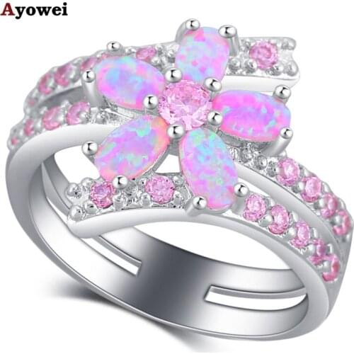Ayowei Gorgeous Flower Rings Pink Fire Opal 925 Silver High Quality Rings Fashion Jewelry USA Sz #5#6#7#8#9#10 OR880A