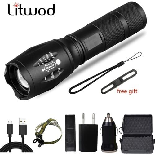 XM-L2 Led Flashlight Built in 18650 Battery USB Rechargeable Zoomable Lamp Shock Resistant Power Bank Hard Bulbs Bicycle clip