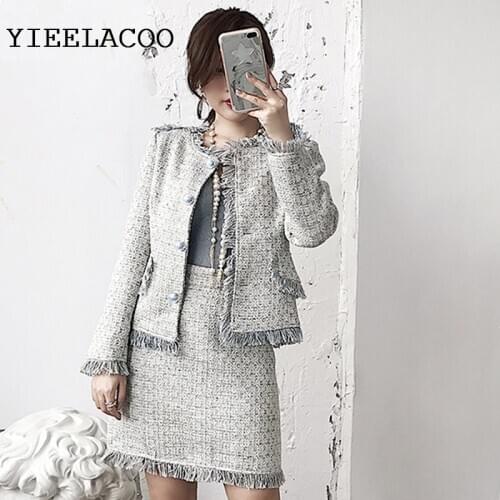 Tweed jacket + skirt suit Light blue new Slim autumn / winter womens jacket woolen coat ladies 2 piece suit skirt