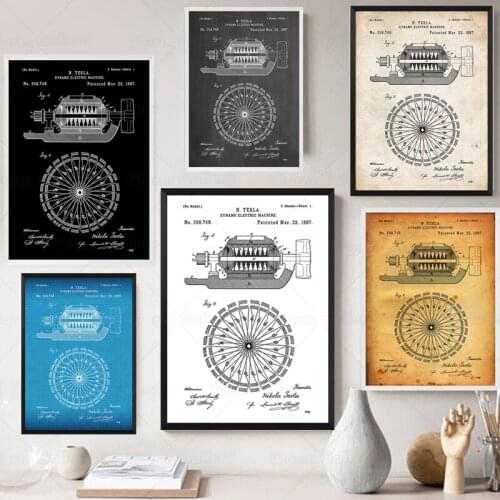Vintage Tesla Dynamo Elektrische Maschine 1887 Patent Wand Blaupause Poster Leinwand Malerei Druck Wand Décor Living Home Kunst