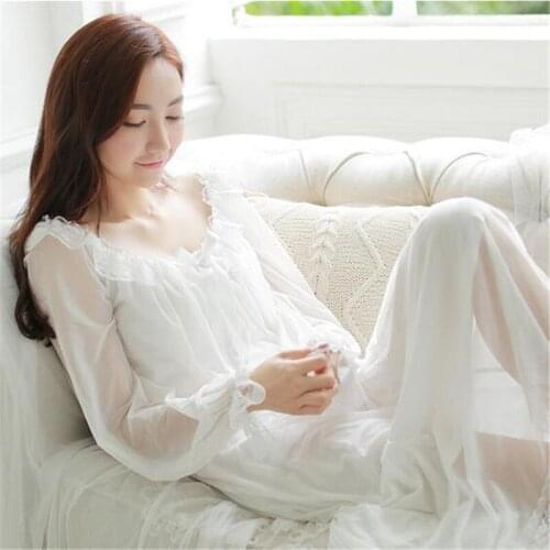 Women Nightclothes Soft Long Nightgowns Female Sweet Princess Sleeping Home Dress Lady Lace Sexy White Nightdress Bathrobe