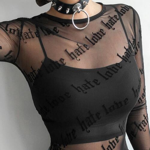 2020 Summer Women Letter Print Mesh T-Shirts Fashion Tops See-Through Perspective Long Sleeve Black Tee Shirt Club Blusas