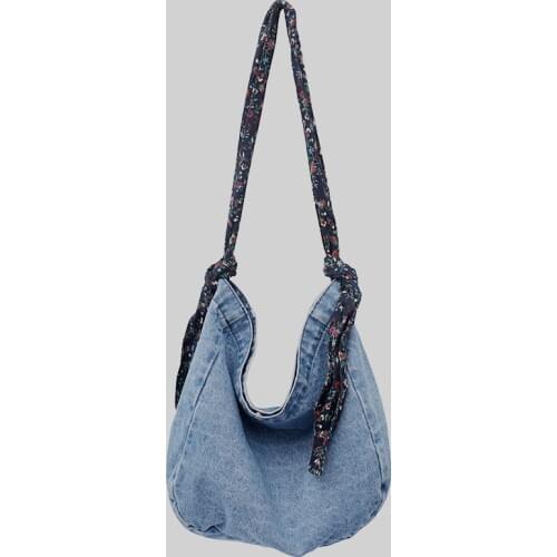 Female Rural Denim Hobo Handbag with Small Floral Belt 2021 Teenager Student Washed Jeans Fabric Daily Cute Slouch Messenger Bag