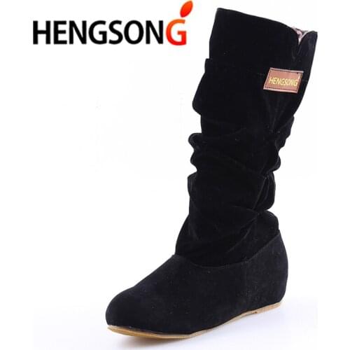 2021 Fashion Autumn Winter Boots Women Female Round Toe Mid-calf Princess Sweet Boot Stylish Flat Flock Shoes Snow Boots