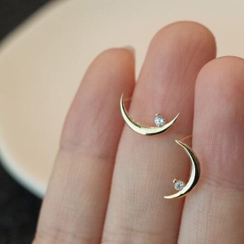 Womens Fashion Gold Color Zircon Moon Stud Earrings Minimalism Super Fine Moon Earrings for Girls Jewelry Birthday Party Gifts