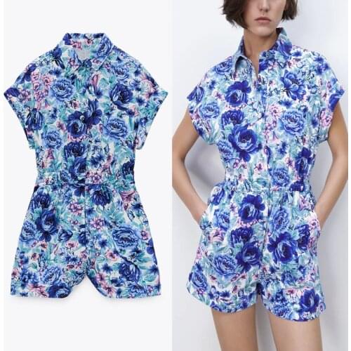 2021 ZA Blue Floral Print Summer Jumpsuit Women Short Sleeve Elastic Waist Jumpsuits Woman Back Patch Pockets Vintage Rompers
