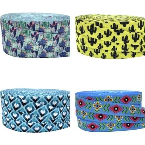 5/8'' 10yards Lotus Tropical Cactus Heart Fold Elastic Strap FOE Printed Headband Headwear Hairband Decor Wholesale