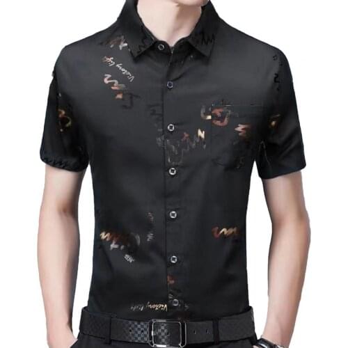 80% Hot Sales!!! Men Social Shirt Letter Pocket Summer Turndown Collar Slim Top for Party