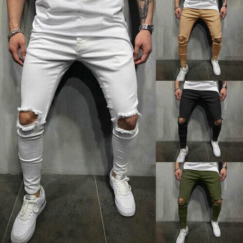 Biker Ripped Skinny Pants Men Solid Color Destroyed Frayed Slim Fit Trousers