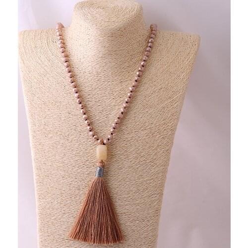 Free Shipping Fashion Knotted Halsband 8mm Crystal Glass Beads With Shell circle Charm & Tassel Pendant Necklace