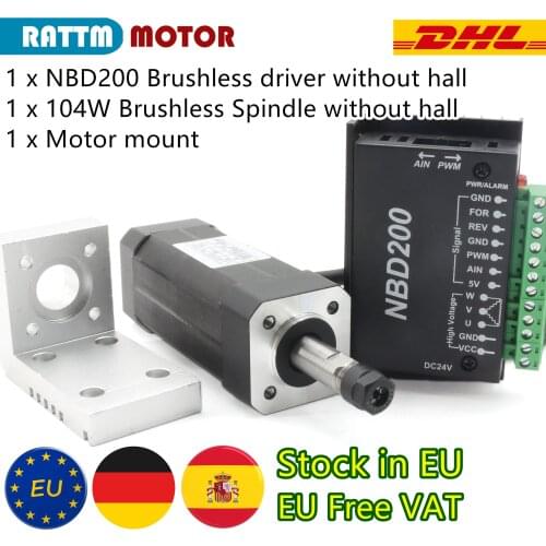 『EU Free』104W 24VDC Motor Air cooled Brushless Spindle Motor ER11 +NBD200 Brushless Driver Without Hall for CNC Engraver Machine