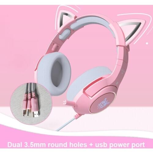 New K9 Pink Wired Game Cat Ear Headset With Microphone Hifi 7.1 Sound Removable Cat Ear Wired Gaming Headsets For Computer