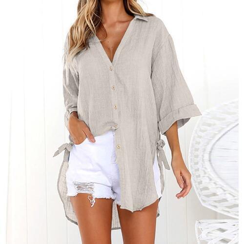 38# Women Yellow Blouse Loose Cotton Linen Buttons Lapel Solid Long Shirt Ladies Split Bow Tied Summer Casual Tops Blusas Mujer