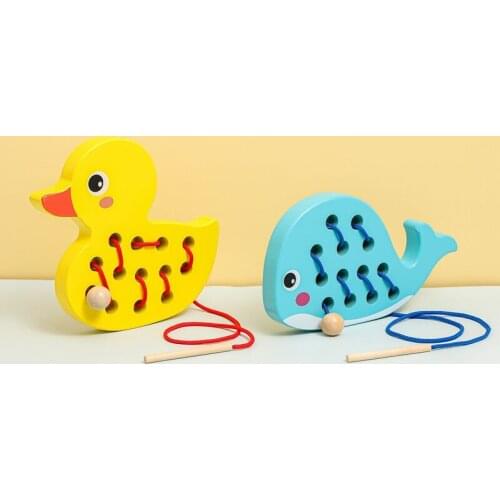 1 PCS Wooden Duck Whale Animal Fine Motor Skills Threading Toys Montessori Cognitive Preschool Puzzle Gift