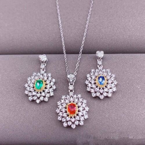 Elegant 100% 925 Sterling Silver Bohemia Natural Emerald Ruby Sapphire Gemstone Wedding Party Pendant Necklace Fine Jewelry Gift