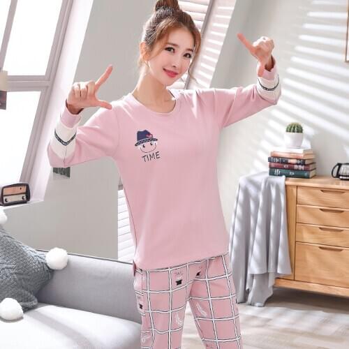 Foply Cartoon 100% Cotton Pajamas Set Women Long-sleeved Long Trousers Two Piece Set Autumn Winter Homewear Womens Sleepwear