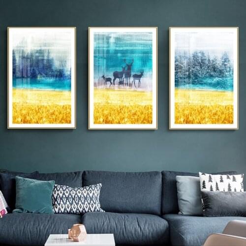 Golden Fields Deer Landscape Wall Art Canvas Painting Nordic Poster Print Decoration Home Wall Pictures for Living Room Decor
