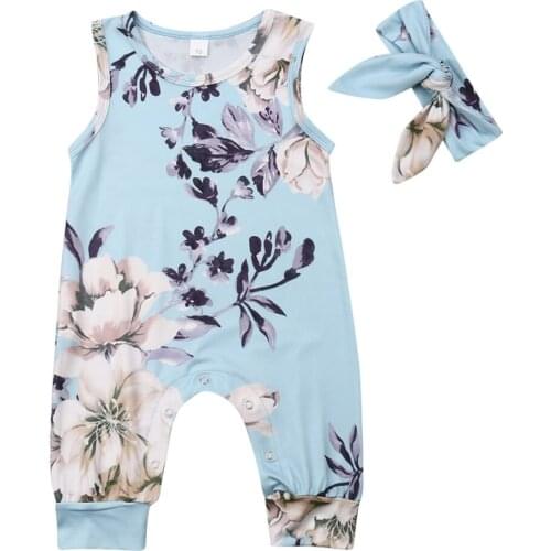 0-24M Infant Baby Girl Floral Romper Sleeveless Jumpsuit Outfits Clothes Headband Set