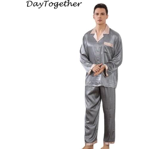 Male Pyjama Sets Man Lapel Rayon Silk Long Sleeve Night Wear Pajama Sets Home Clothing