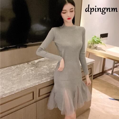 Fashion Women Sexy Bodycon Dress Autumn Winter Knitted Dress Solid Package Hip Sleeve Dresses