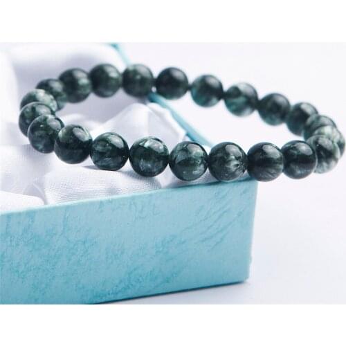 9mm Green Genuine Natural Seraphinite Gems Stone Crystal Stretch Round Bead Bracelets For Women
