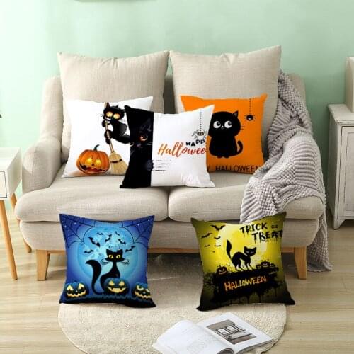 Halloween Cushion Cover Halloween Pumpkin Cat Printing Decorative Pillowcase Halloween Black Cat Throw Pillow Case Cushion Cover