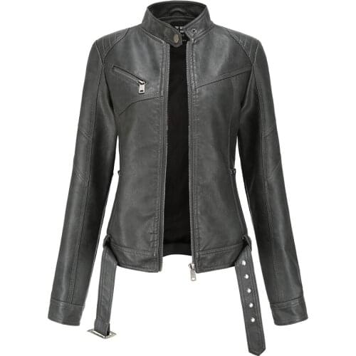 New Women Leather Coat Spring Autumn Long Sleeved With Belt Faux Leather Jacket Female Punk Outwear Ladies Biker Moto Outwear