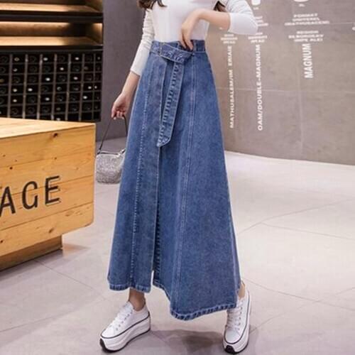 New Women Skirts Autumn Winter Casual Solid Sashes Slim Over Hip Empire Waist Big Hem MD-Long Jeans Midiskirt For Females Cowboy