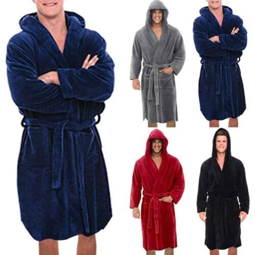 Richkeda Store New 2021 Men Solid Hooded Bathrobe Towel Soft Gown Midi Robe Lounge Wear Winter