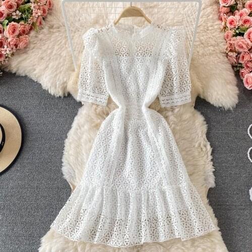 Hollow Out Blue Lace Dress Female Long-sleeve Vintage Mini Party Dresses Woman Clothing High Waist Runway Design Print Dress