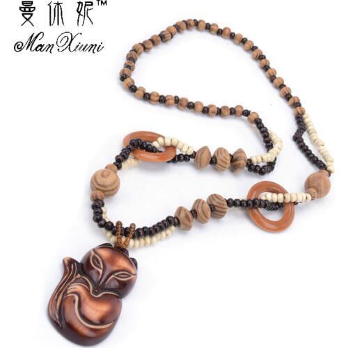 Lovers' Valentine Gift Trendy Female Natural wooden Fox Sweater Chain Necklace White Pendant Necklace Jewelry Birthday Gift