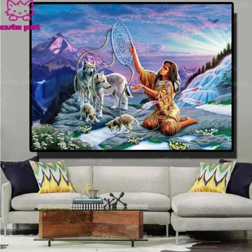 Full Drill Mosaic Round Diamond Painting Indian woman Diamond Embroidery Cross Stitch Kit Diamond dream wolf Rhinestones decor