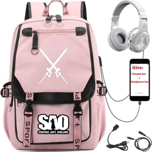 Anime Sword Art Online backpack student School book Bag Unisex Travel Backpack USB Charging teenagers Pink Laptop packsack