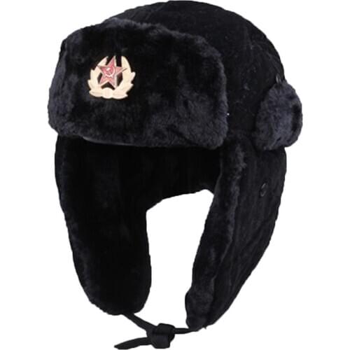 Soviet Army Military Badge Russia Ushanka Bomber Hats Trooper Ear Flaps Winter Ski Hat Winter Faux Rabbit Fur Earflap Snow Caps